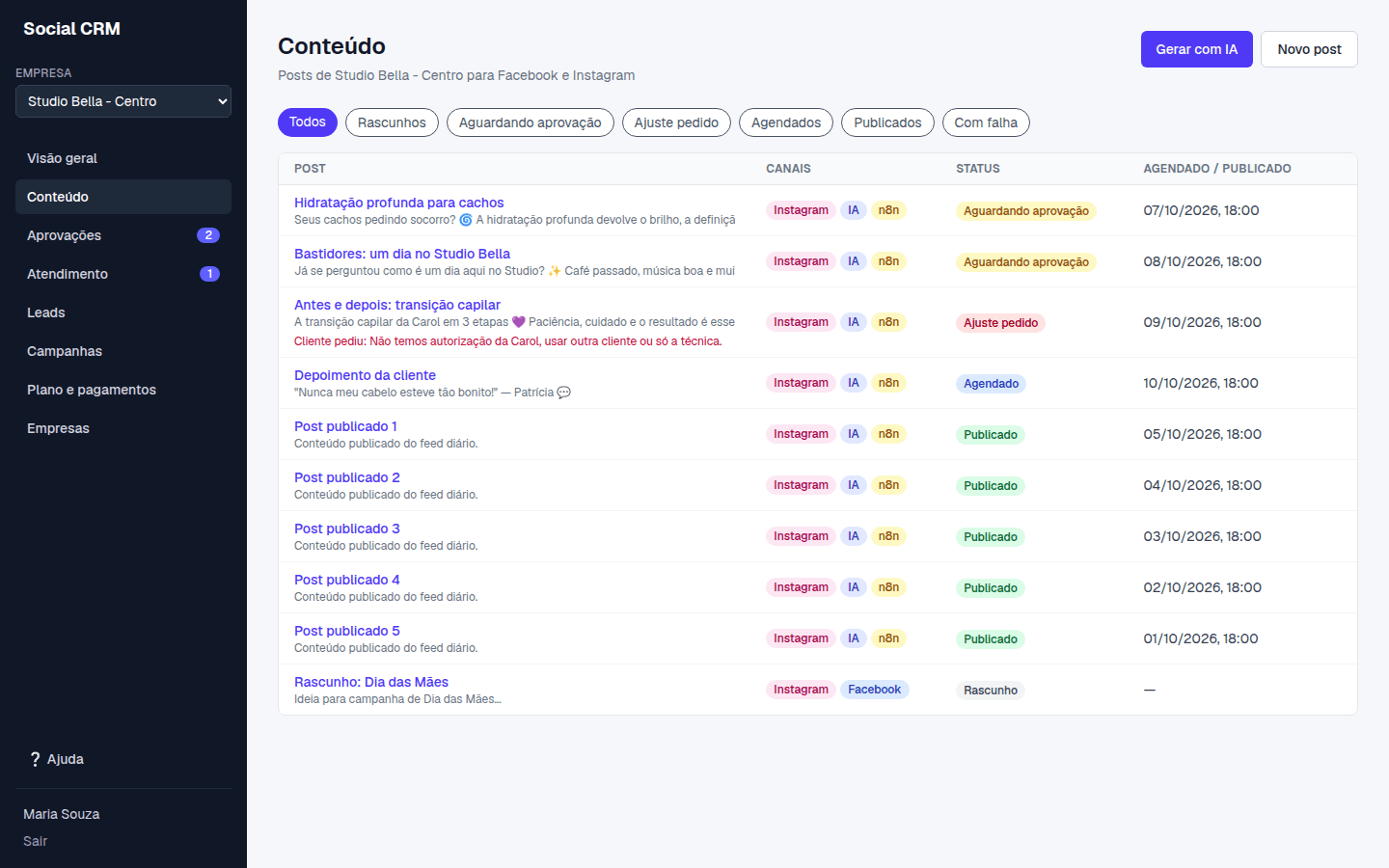 Lista de posts agendados e publicados